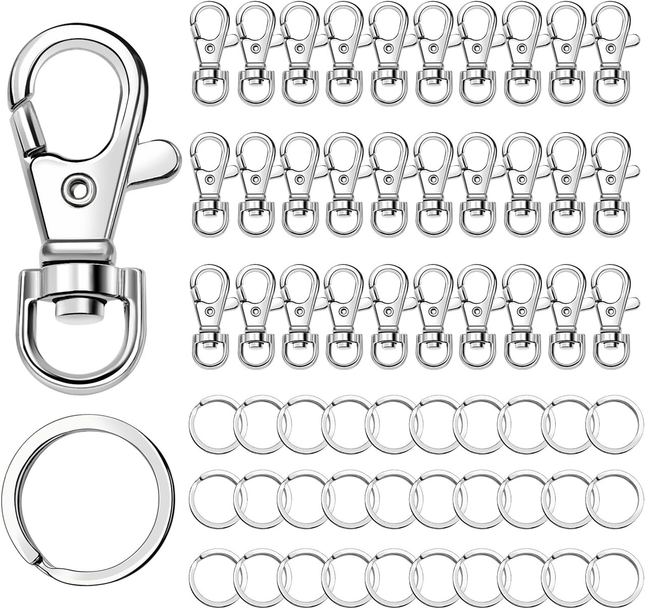 60-Piece Silver Keychain Making Kit – Includes 30 metal swivel snap hooks with key rings, 30 lobster claw clasps, and 30 flat key rings for keychain accessories and crafts.